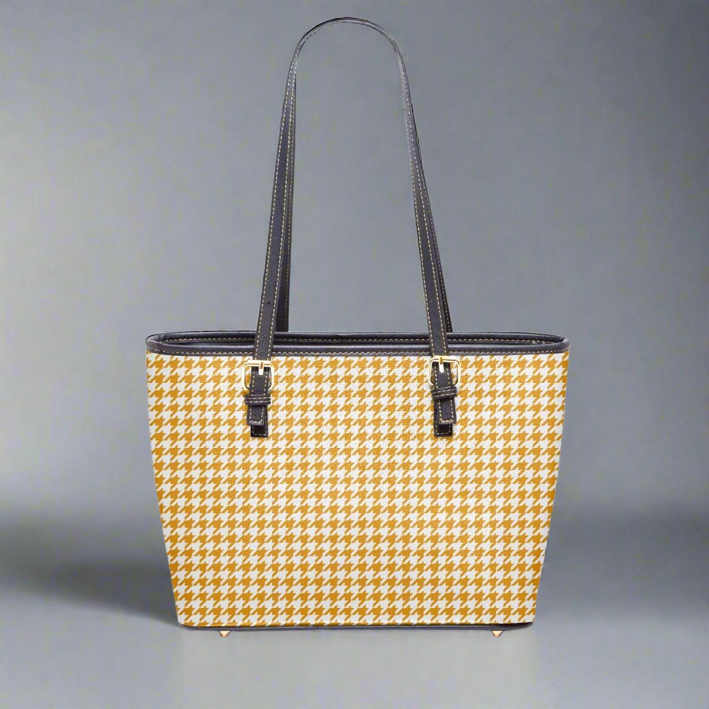 Back view of the Large Yellow Houndstooth Vegan Leather Tote Bag with a minimalist design