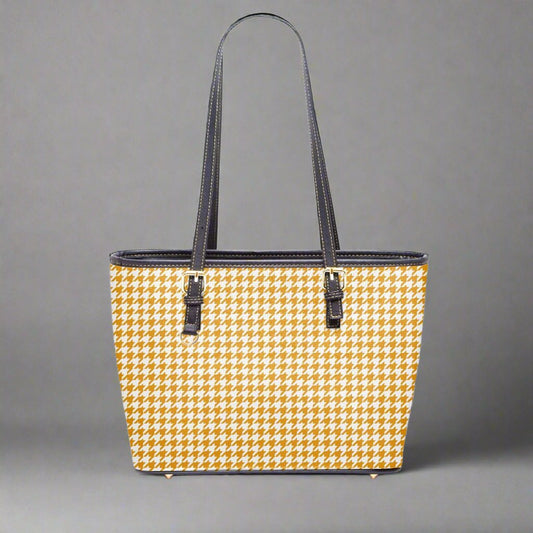 Front view of the Large Yellow Houndstooth Vegan Leather Tote Bag showcasing a vibrant yellow houndstooth pattern