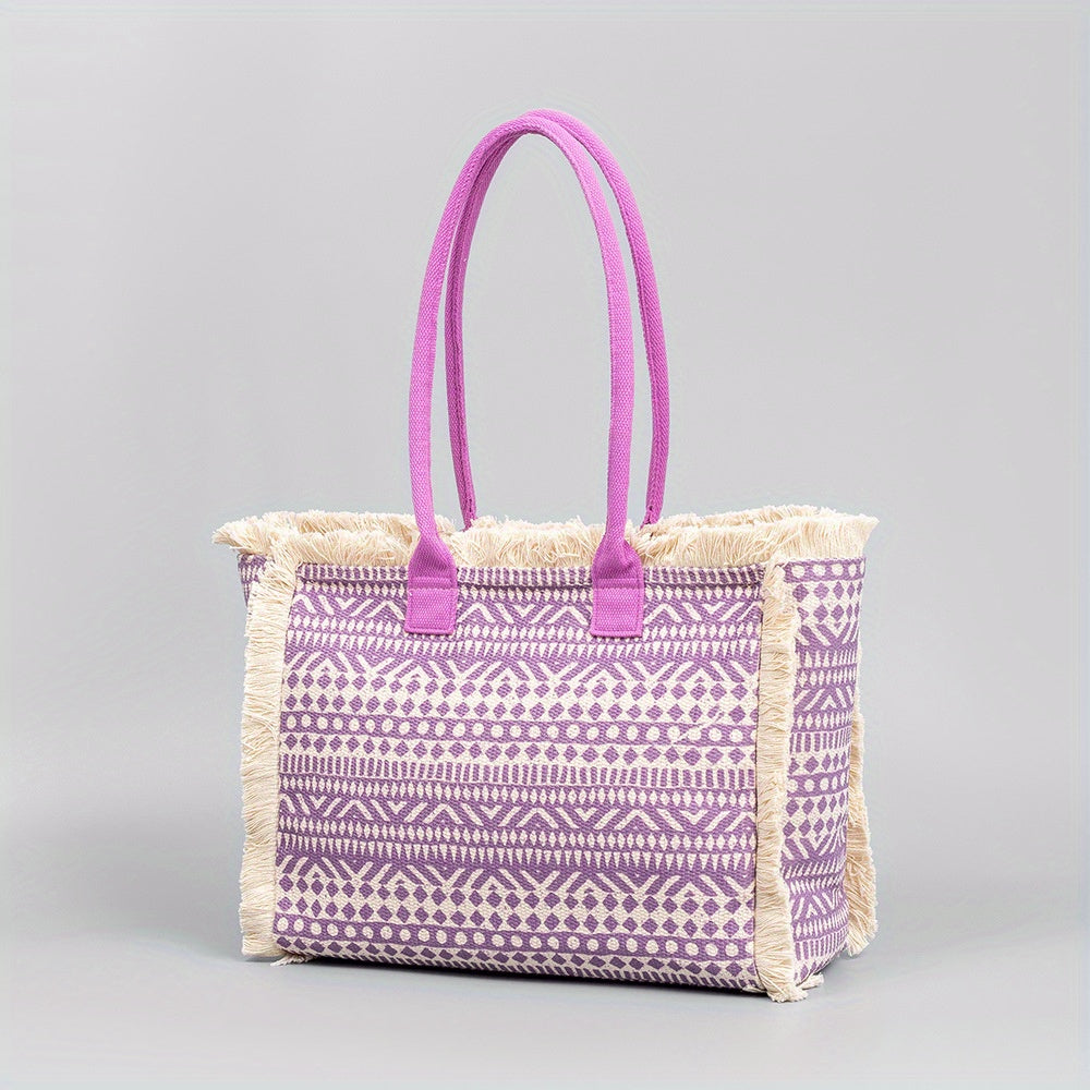 Handcrafted boho beach bag showcasing vibrant designs inspired by Latin American culture, perfect for summer outings