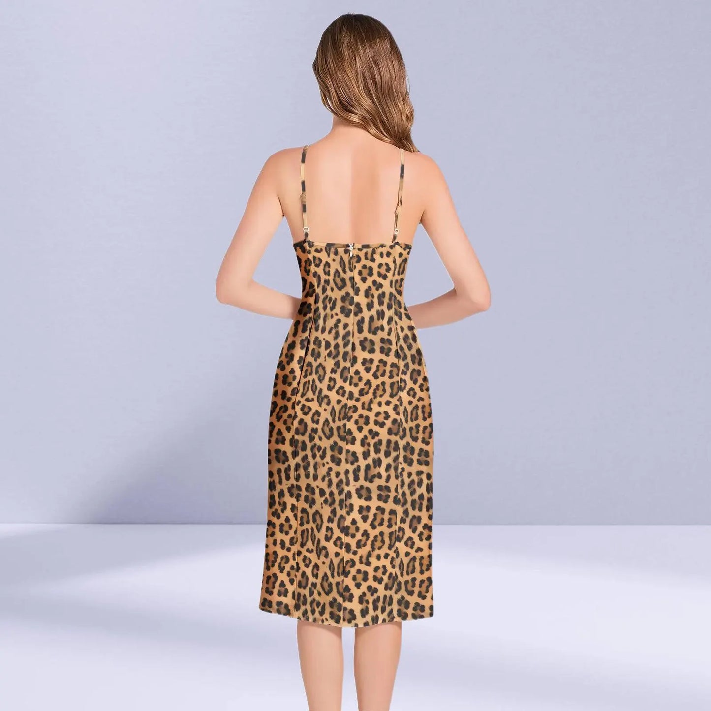 Side profile of the Leopard Cami Dress, emphasizing its flattering silhouette and adjustable straps.