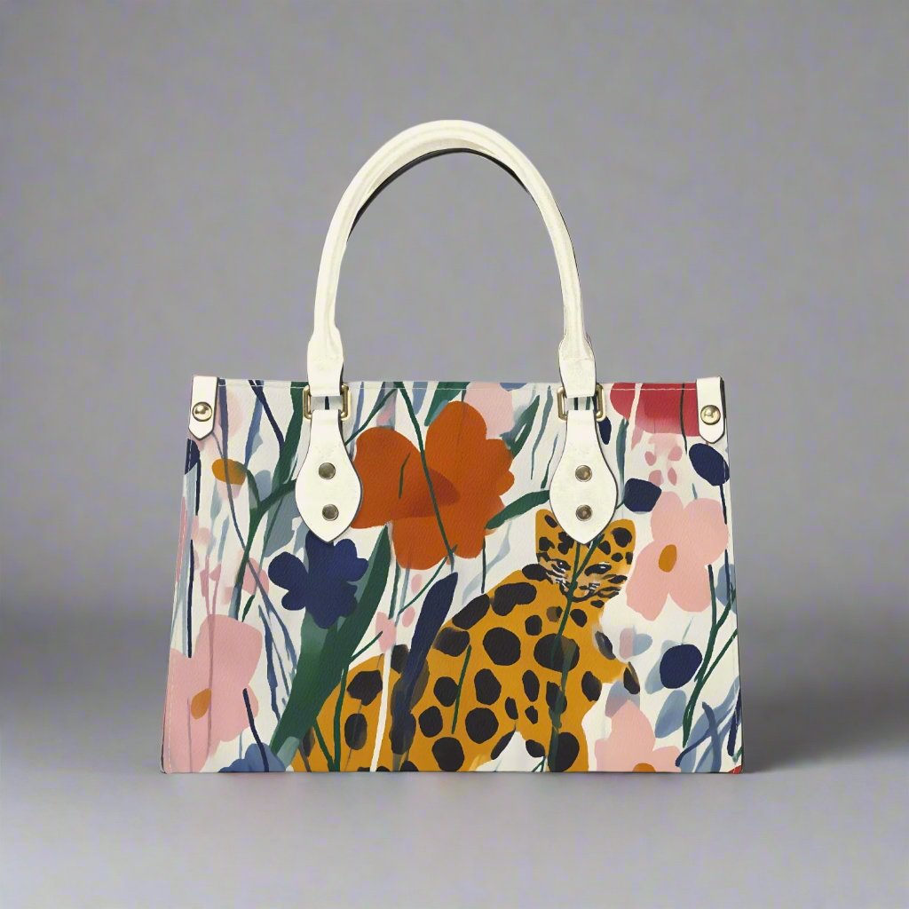 Front view of the Leopard Jungle Tote Bag showcasing a bold leopard print