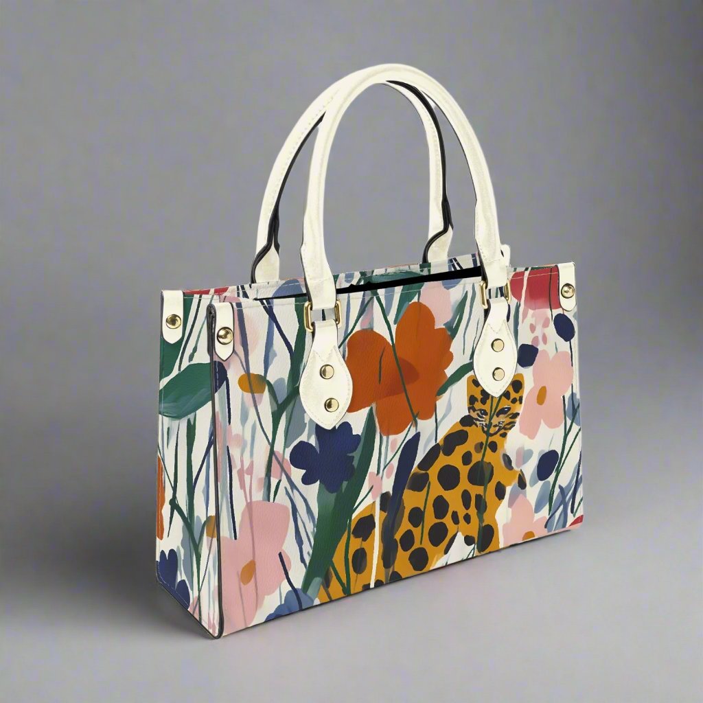 Side profile of the Leopard Jungle Tote Bag, emphasizing its spacious interior and sturdy handles