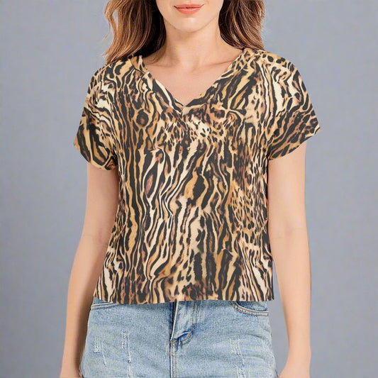 Front view of the Leopard Sleeve V-Neck Top showcasing its stylish design