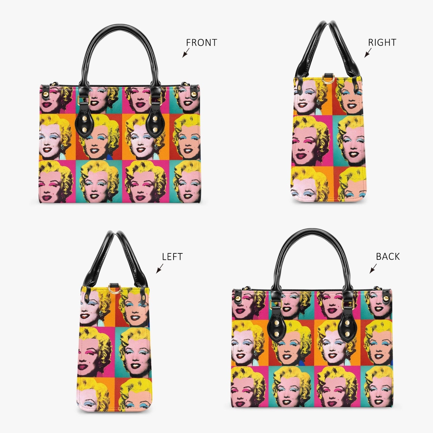 Interior view of the Andy Warhol Marilyn Monroe Vegan Leather Tote Bag highlighting pockets and space.