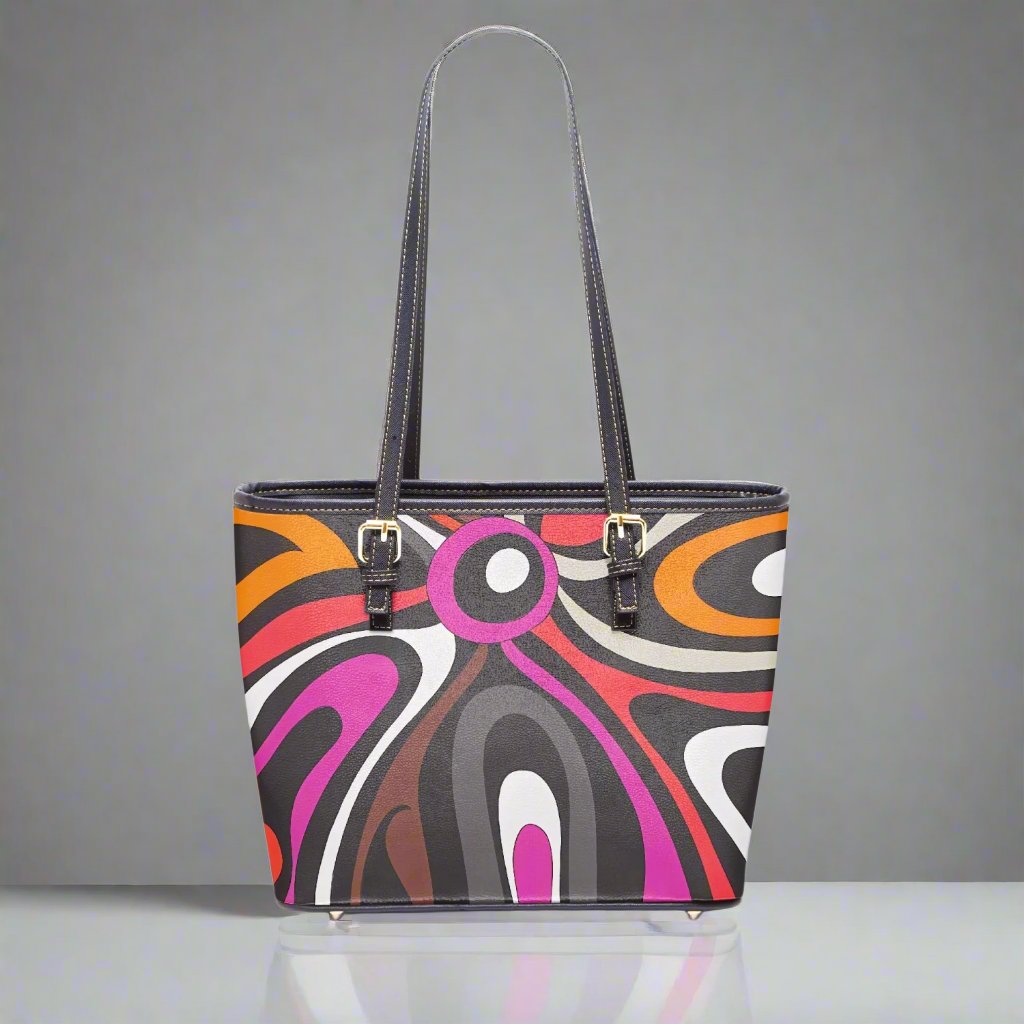 Front view of the Marmo 60s Vibe Medium Vegan Leather Tote Bag showcasing its retro design.