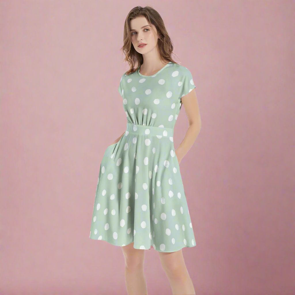 Step out in style with our Mint Dot A-Line Midi Dress, featuring a flattering silhouette and charming polka dot pattern—ideal for any occasion!