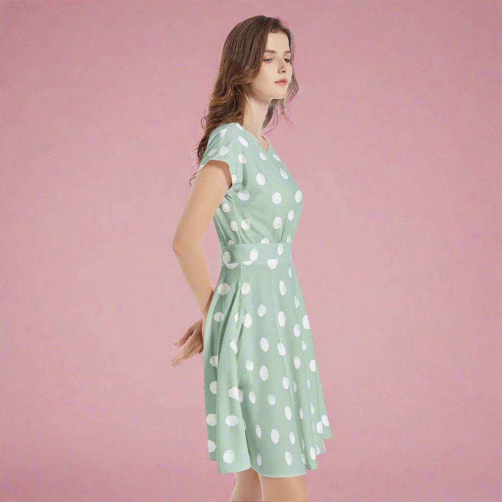 Our Mint Dot A-Line Midi Dress is the perfect blend of elegance and fun, showcasing a classic A-line silhouette with a trendy dot pattern