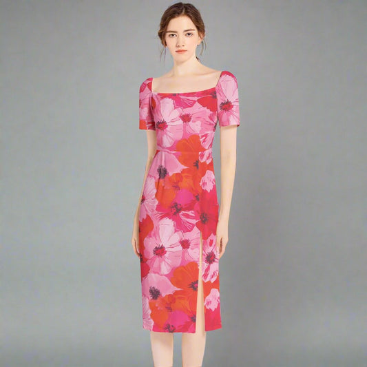 Front view of the Pink and Orange Floral Dress showcasing its vibrant floral pattern.