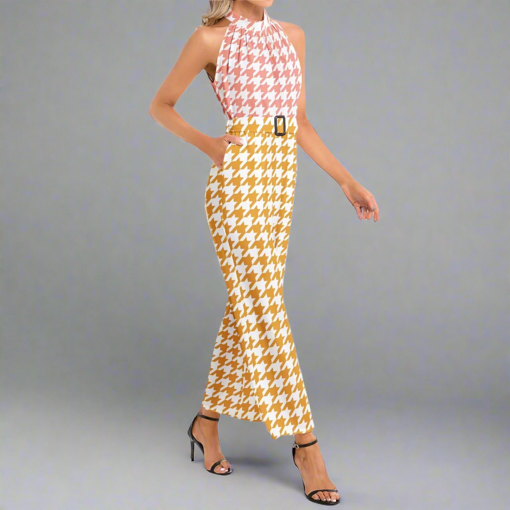 Back view of the Pink and Yellow Houndstooth Jumpsuit featuring a stylish design