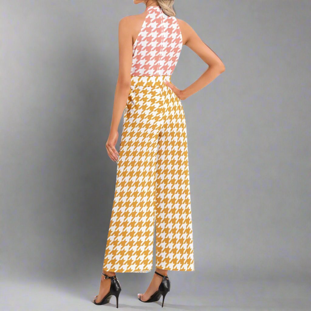 Close-up of the Pink and Yellow Houndstooth Jumpsuit's fabric, showcasing the unique houndstooth pattern.