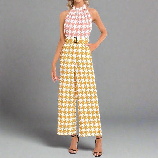 Front view of the Pink and Yellow Houndstooth Jumpsuit showcasing its vibrant pattern