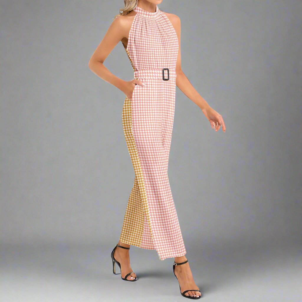 Back view of the Pink and Yellow Small Print Houndstooth Jumpsuit featuring a stylish design