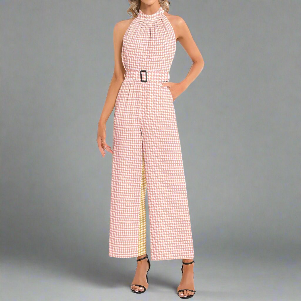 Front view of the Pink and Yellow Small Print Houndstooth Jumpsuit showcasing its vibrant pattern.