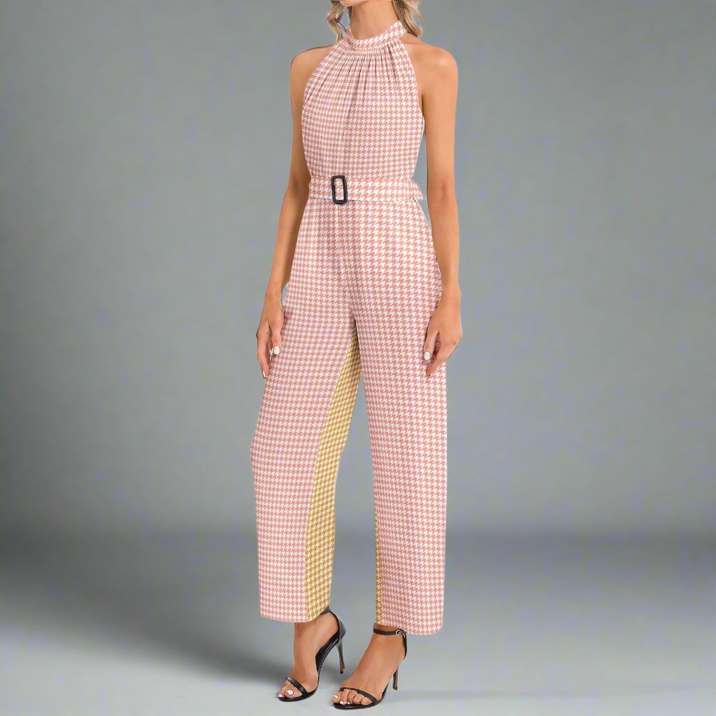 Side profile of the Pink and Yellow Small Print Houndstooth Jumpsuit, emphasizing its flattering fit.