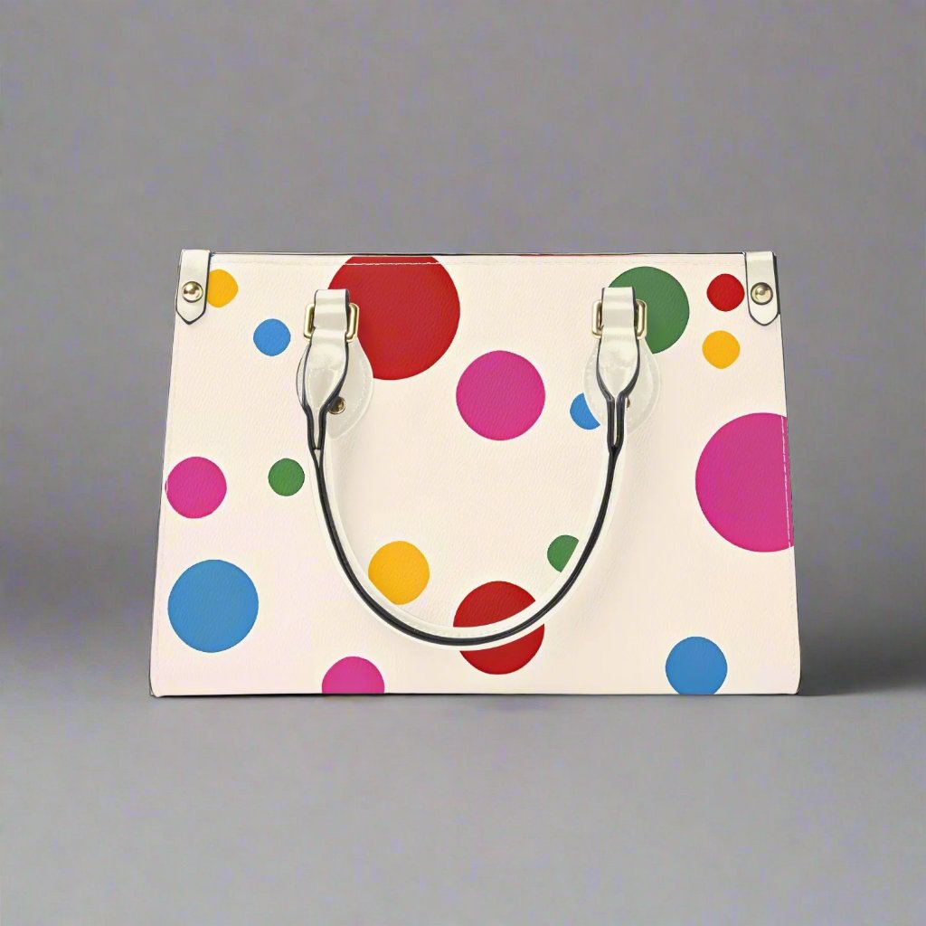 Rainbow Yayoi Kusama Tote Bag featuring vibrant colors and polka dot design.






