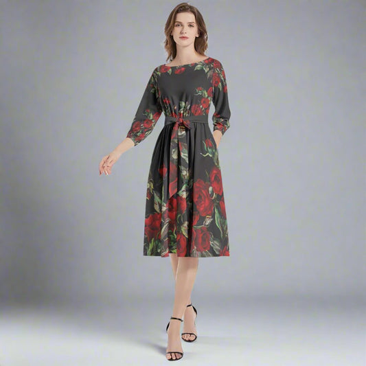 Front view of the Red Rose Print Flared Dress showcasing its vibrant floral design.