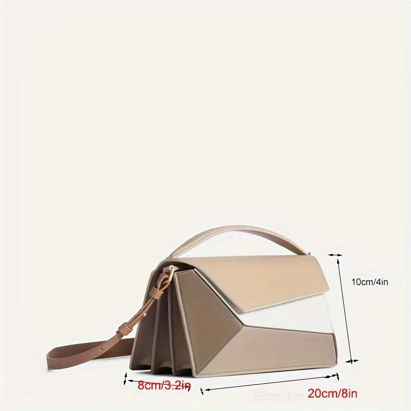 Trendy vegan leather puzzle bag in multicolor rainbow, ideal for eco-friendly fashion enthusiasts