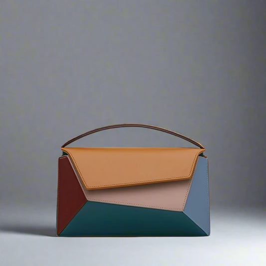 Eco-friendly rainbow puzzle bag made from vegan leather, perfect for colorful and sustainable style.