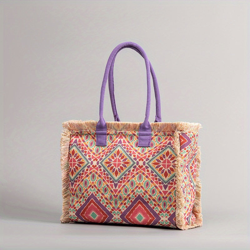 Vibrant Shores beach bag with colorful woven details, representing the essence of Latin American artistry.