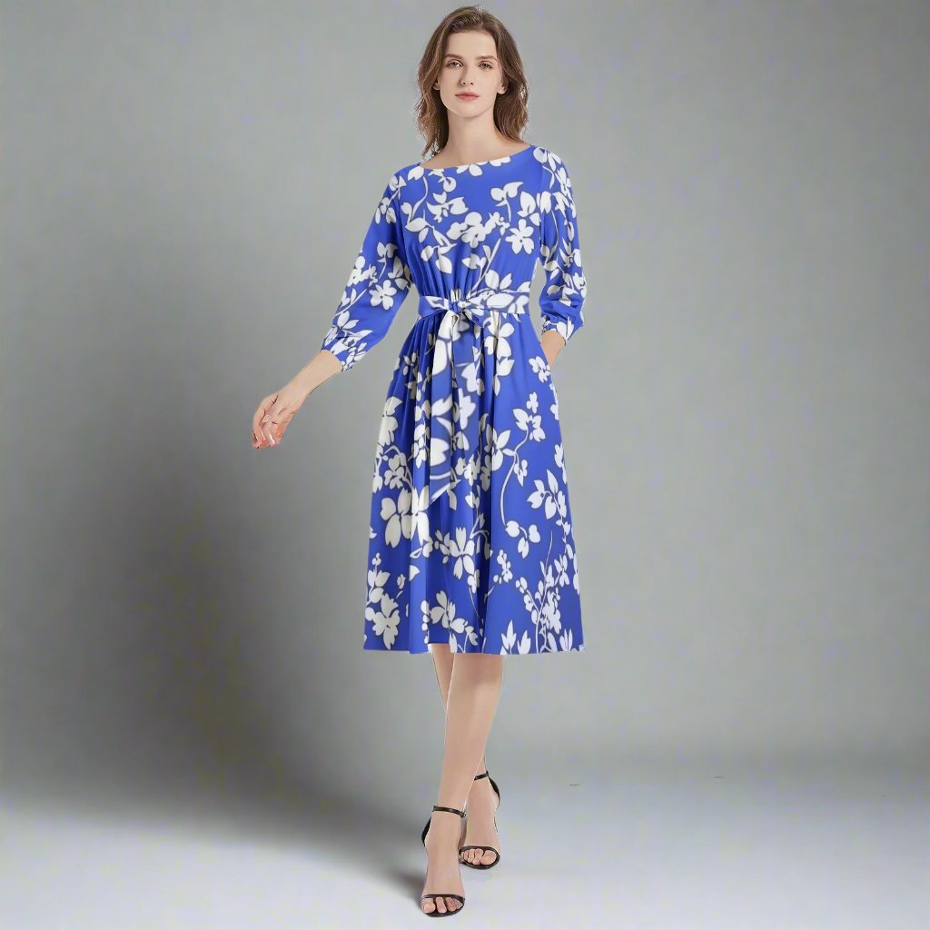 Front view of the Violet Blue Floral Midi Dress showcasing its elegant design.