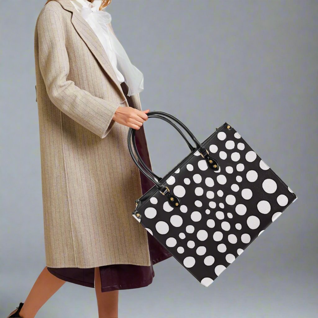 Close-up of the Yayoi Kusama White Dot Tote Bag's fabric, showcasing quality and print details.