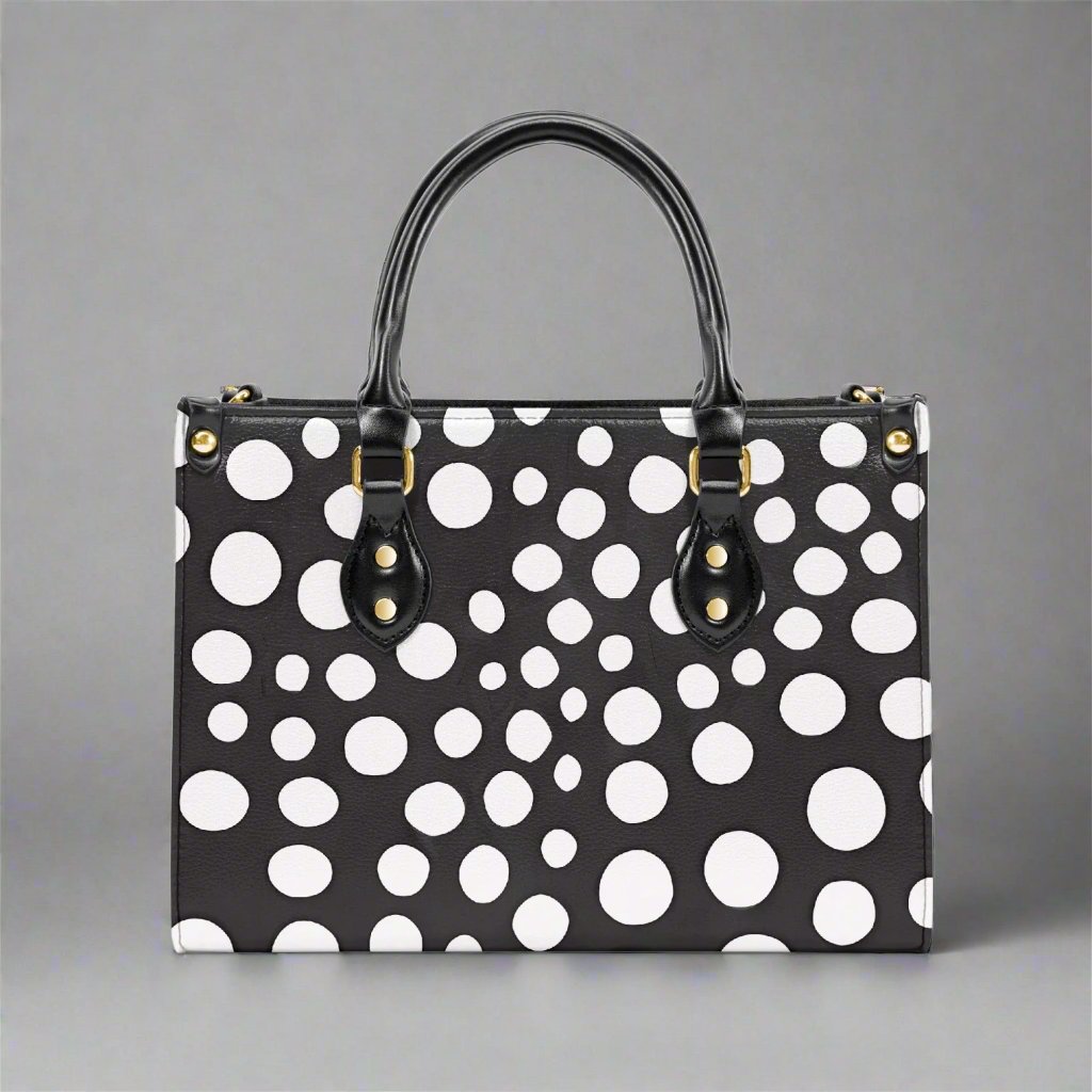 Front view of the Yayoi Kusama White Dot Tote Bag showcasing its artistic design.