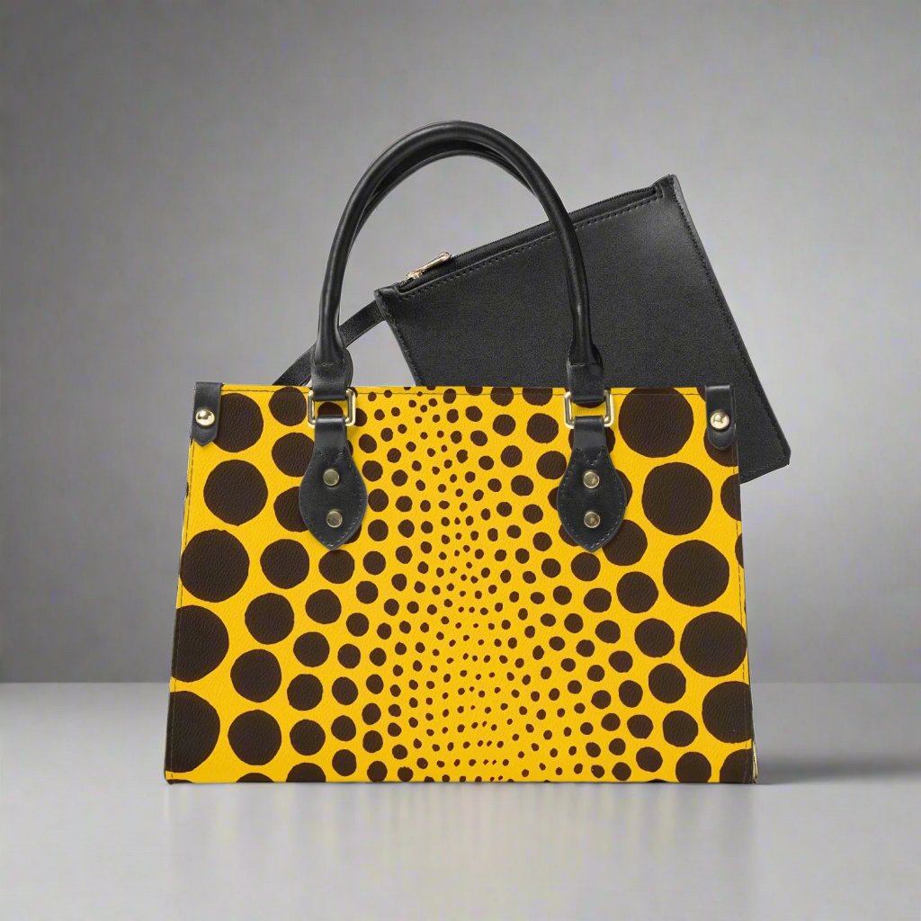 Yayoi Kusama Yellow Dot Tote Bag in a styled setting with casual wear.