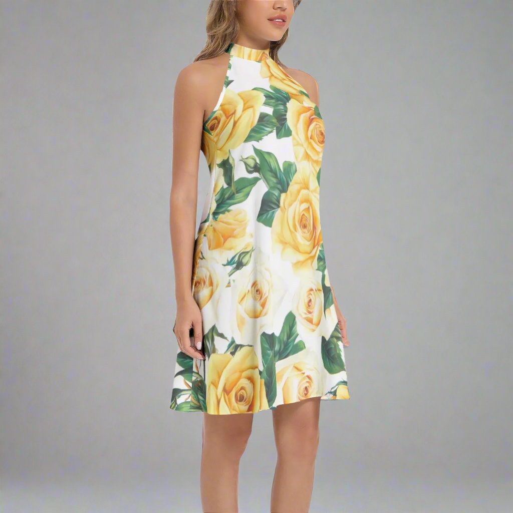 Flat lay of the Yellow Rose Flared Dress paired with matching summer accessories.