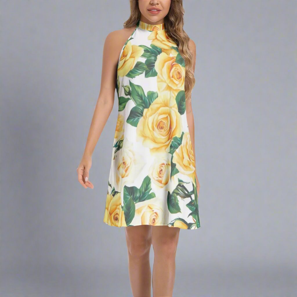 Close-up of the fabric texture and vibrant yellow rose pattern on the flared dress.