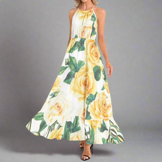 Front view of the Yellow Rose Maxi Dress featuring a beautiful floral print.