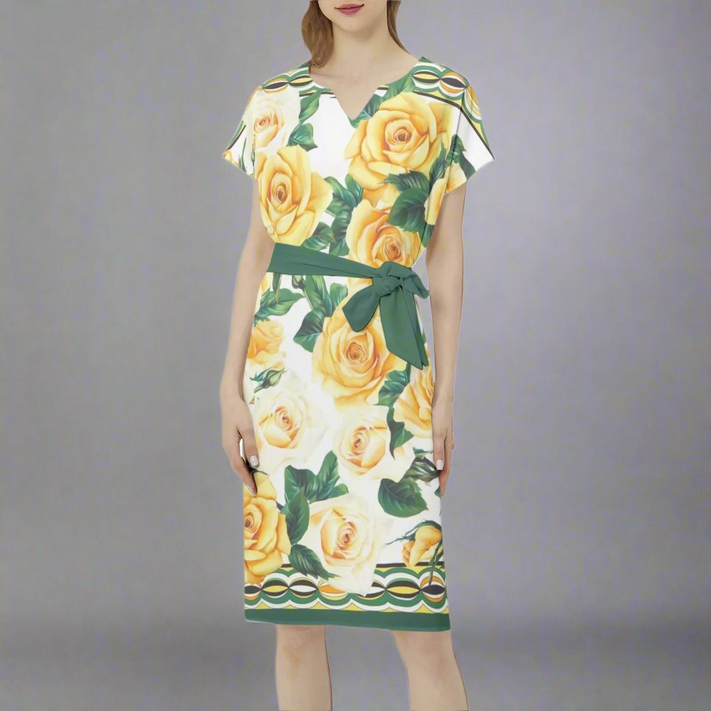 Back view of the Yellow Rose Print Casual Dress with Belt highlighting its comfortable fit.