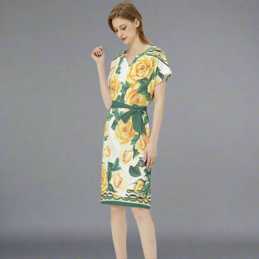 Front view of the Yellow Rose Print Casual Dress with Belt showcasing its vibrant floral design.