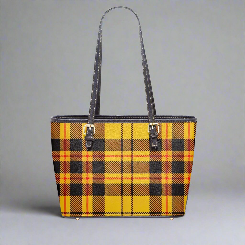 Back view of the Yellow Tartan Large Vegan Leather Tote Bag featuring a smooth finish.