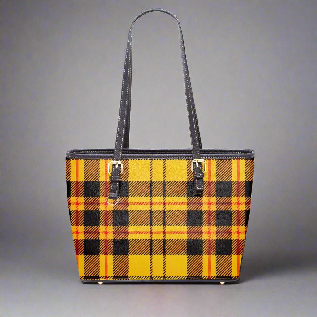 Front view of the Yellow Tartan Large Vegan Leather Tote Bag showcasing its vibrant design.