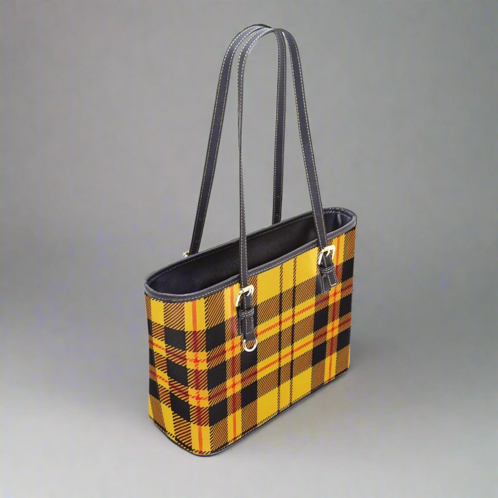 Side profile of the Yellow Tartan Large Vegan Leather Tote Bag, emphasizing its spacious design